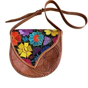 Handmade Embroidered Leather Satchel Handbag Tooled Bohemian Hippie Southwestern